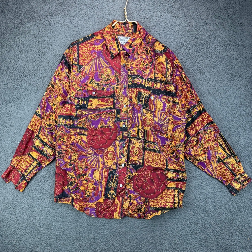 Leena Studio Vintage Baroque Print Button Down Shirt Red Gold Purple Floral L